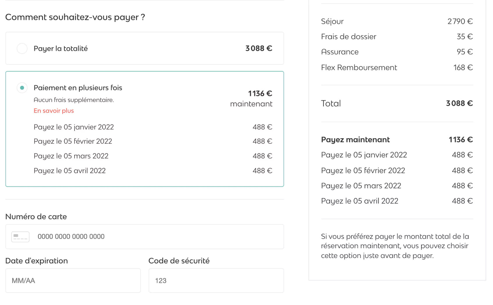 Une capture d'écran pour montrer un exemple de paiement en plusieurs fois