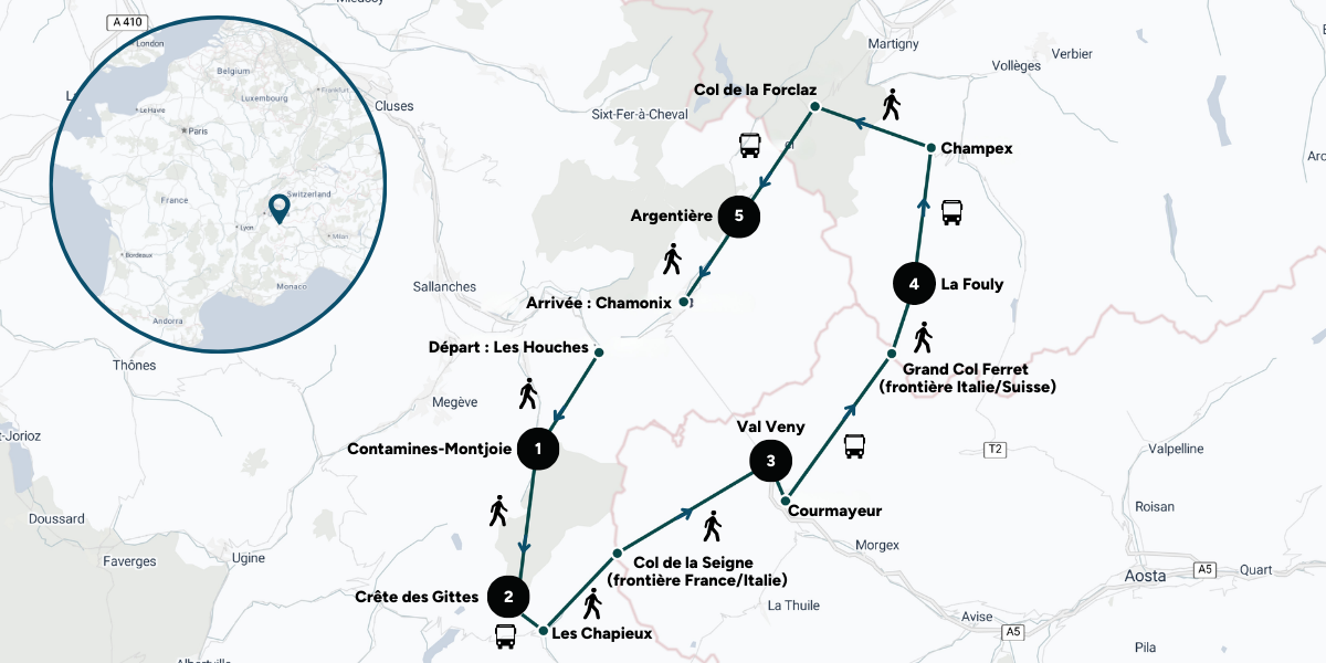 Itinéraire de ton trek autour du Mont Blanc 