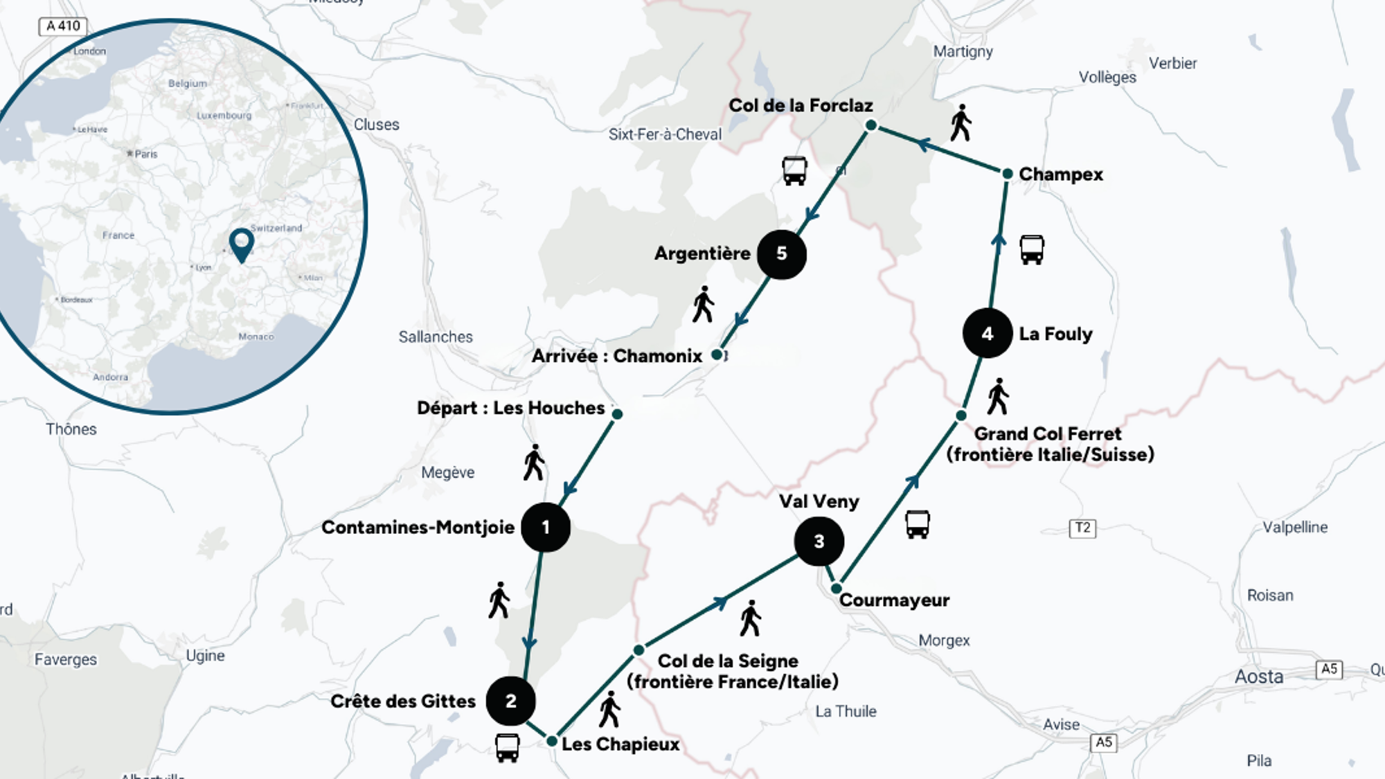 Itinéraire de ton trek autour du Mont Blanc