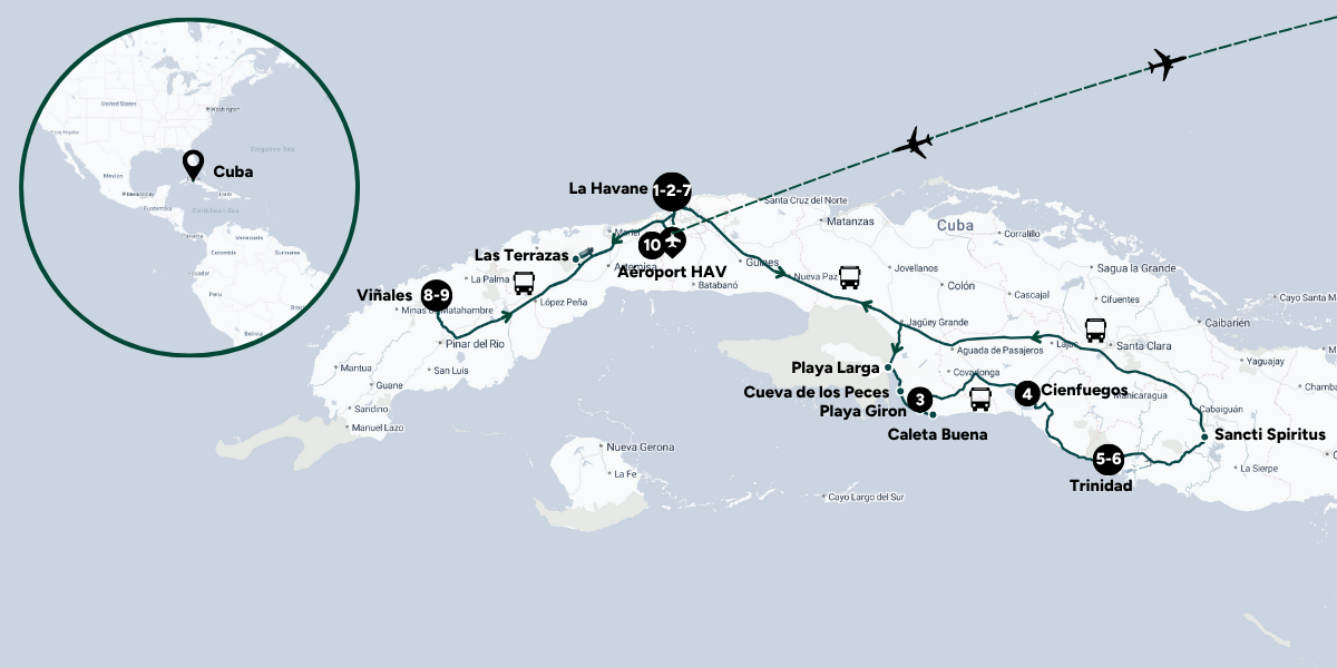 L'itinéraire de votre circuit à travers l'île de Cuba pour le Nouvel An