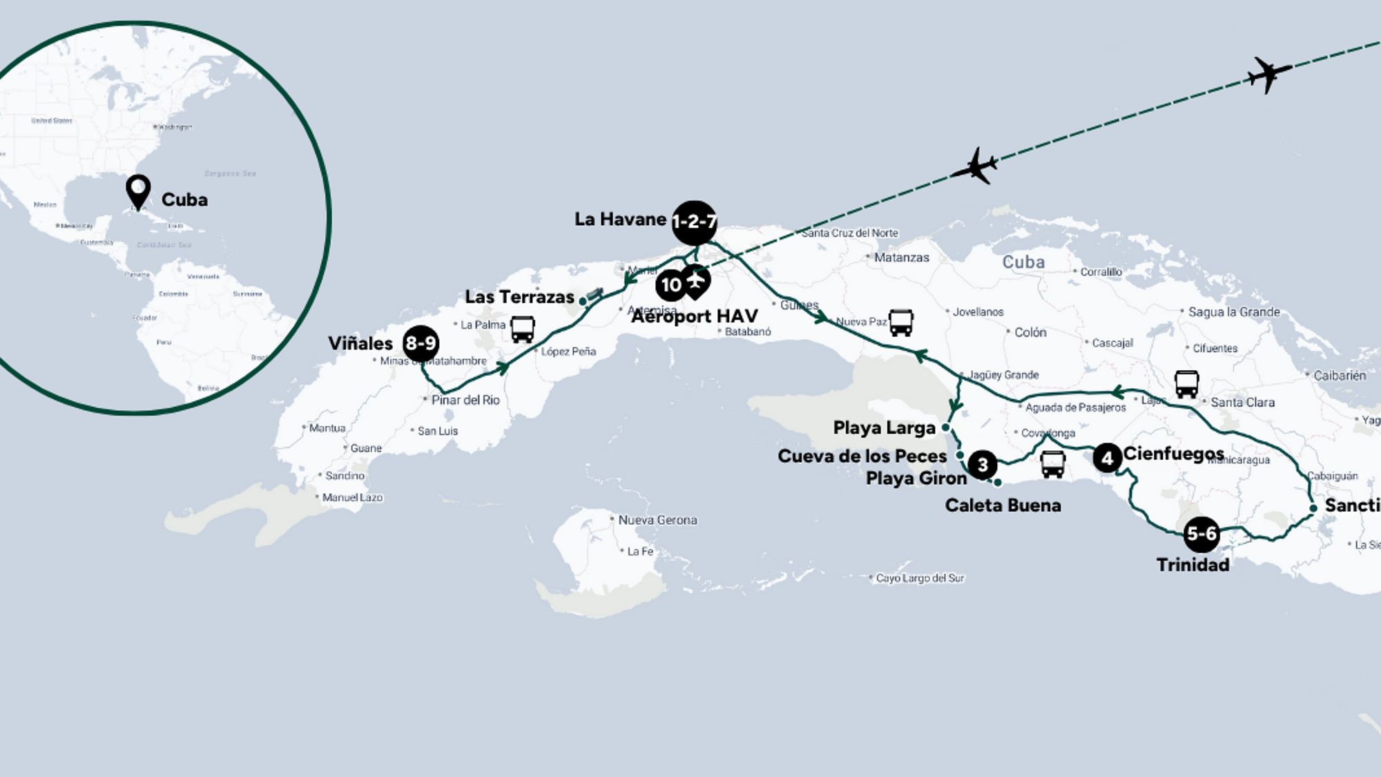 L'itinéraire de votre circuit à travers l'île de Cuba pour le Nouvel An