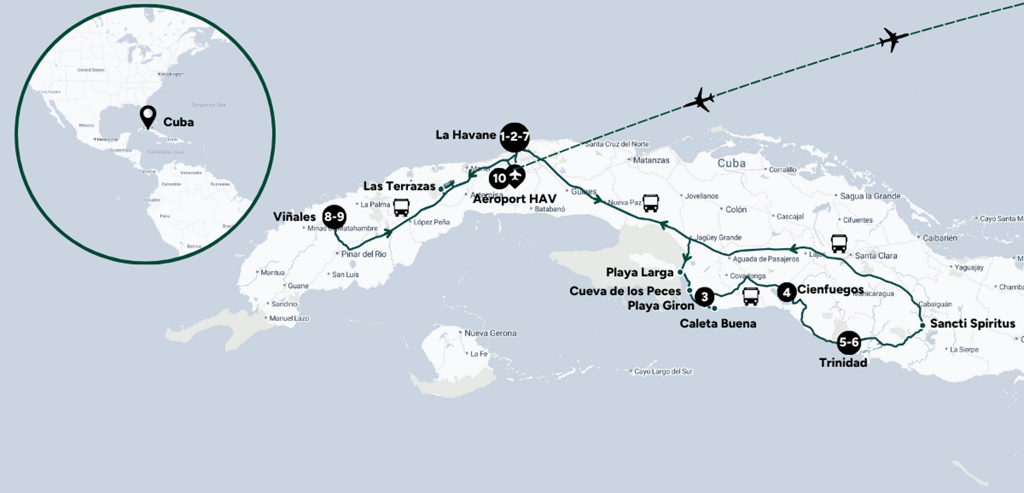 L'itinéraire de votre circuit à travers l'île de Cuba pour le Nouvel An