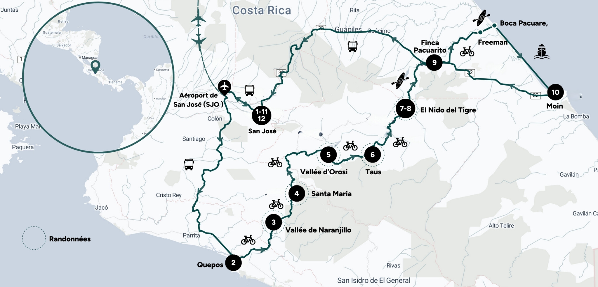 L'itinéraire de ton trek au Costa Rica