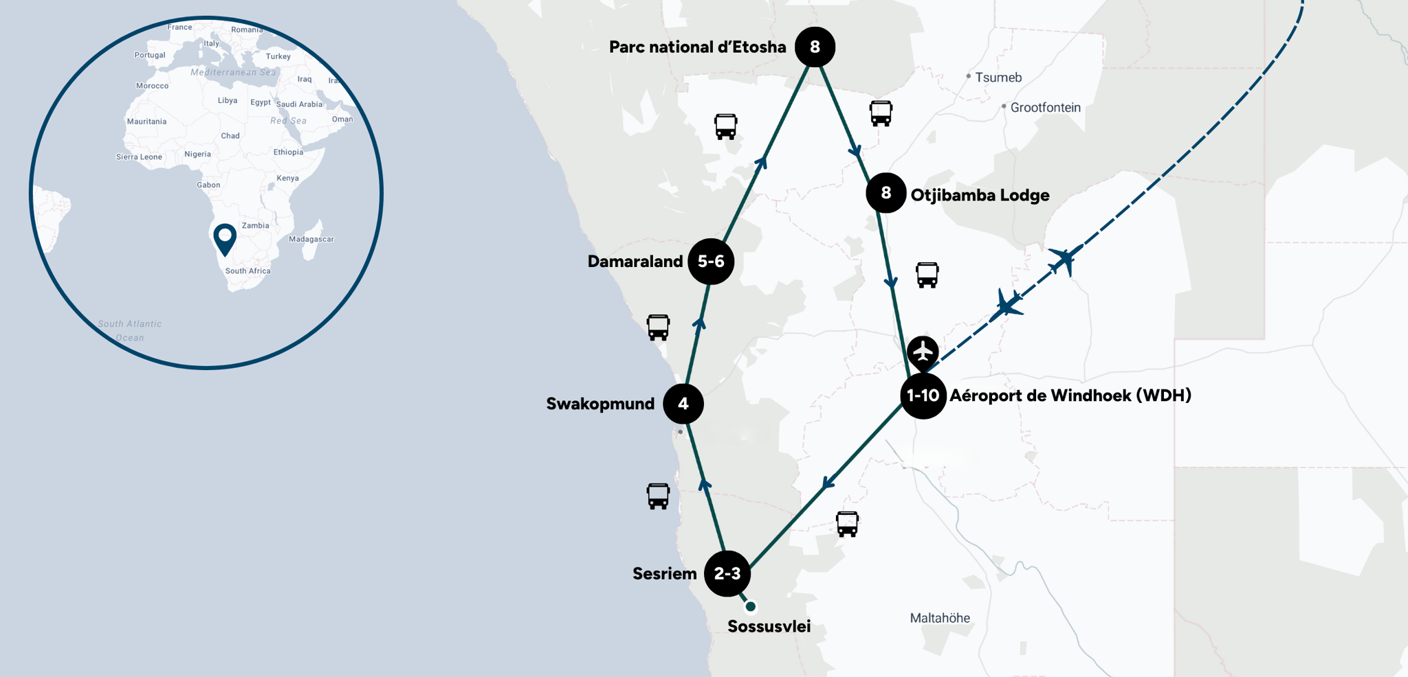 Itinéraire de ton aventure en Namibie