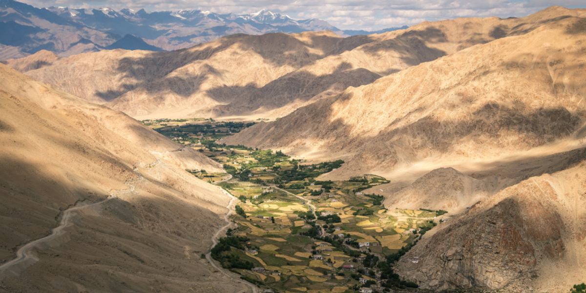 Le village de Sakti entre champs et montagnes 