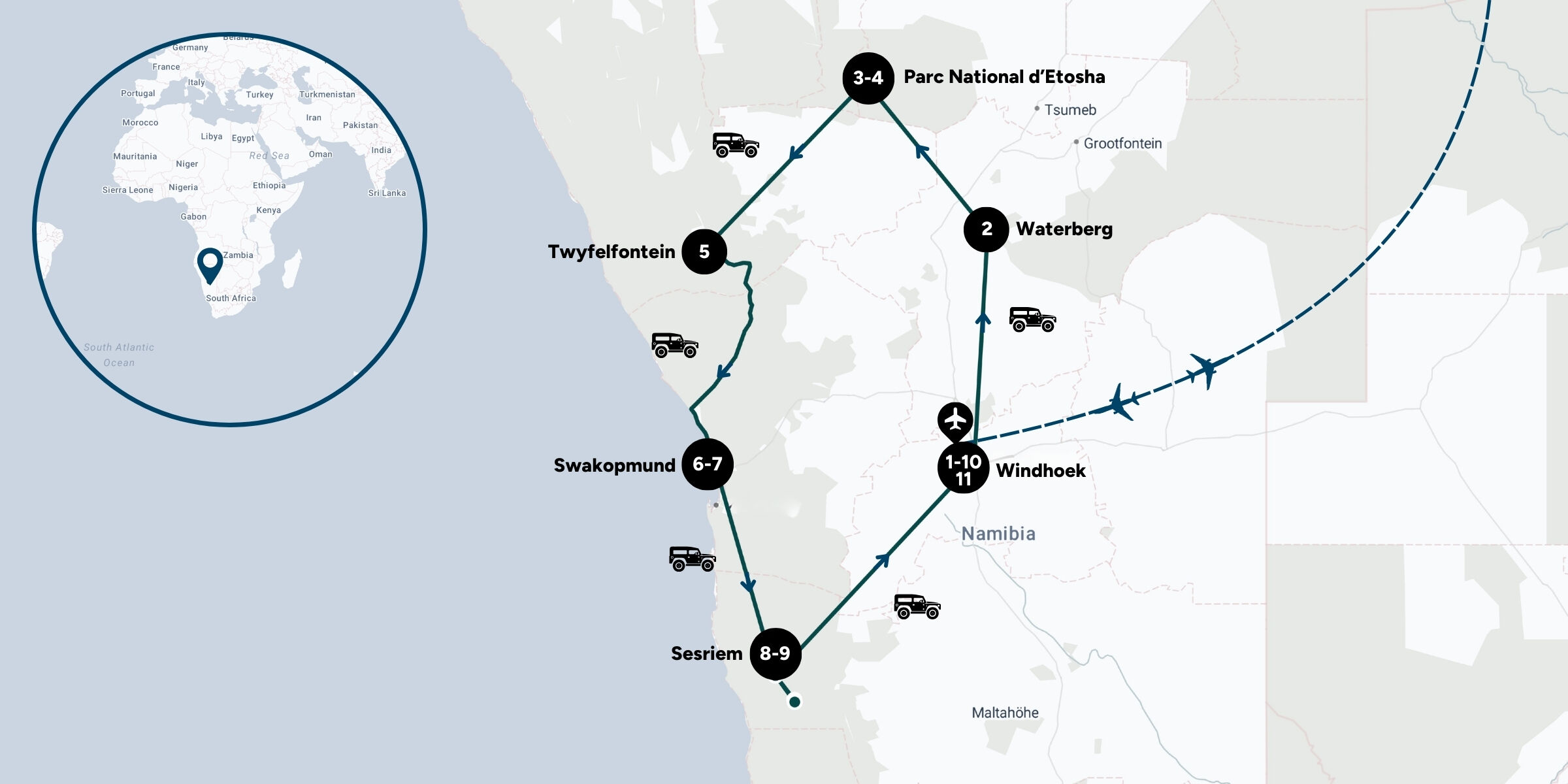 Itinéraire de ton road trip en Namibie