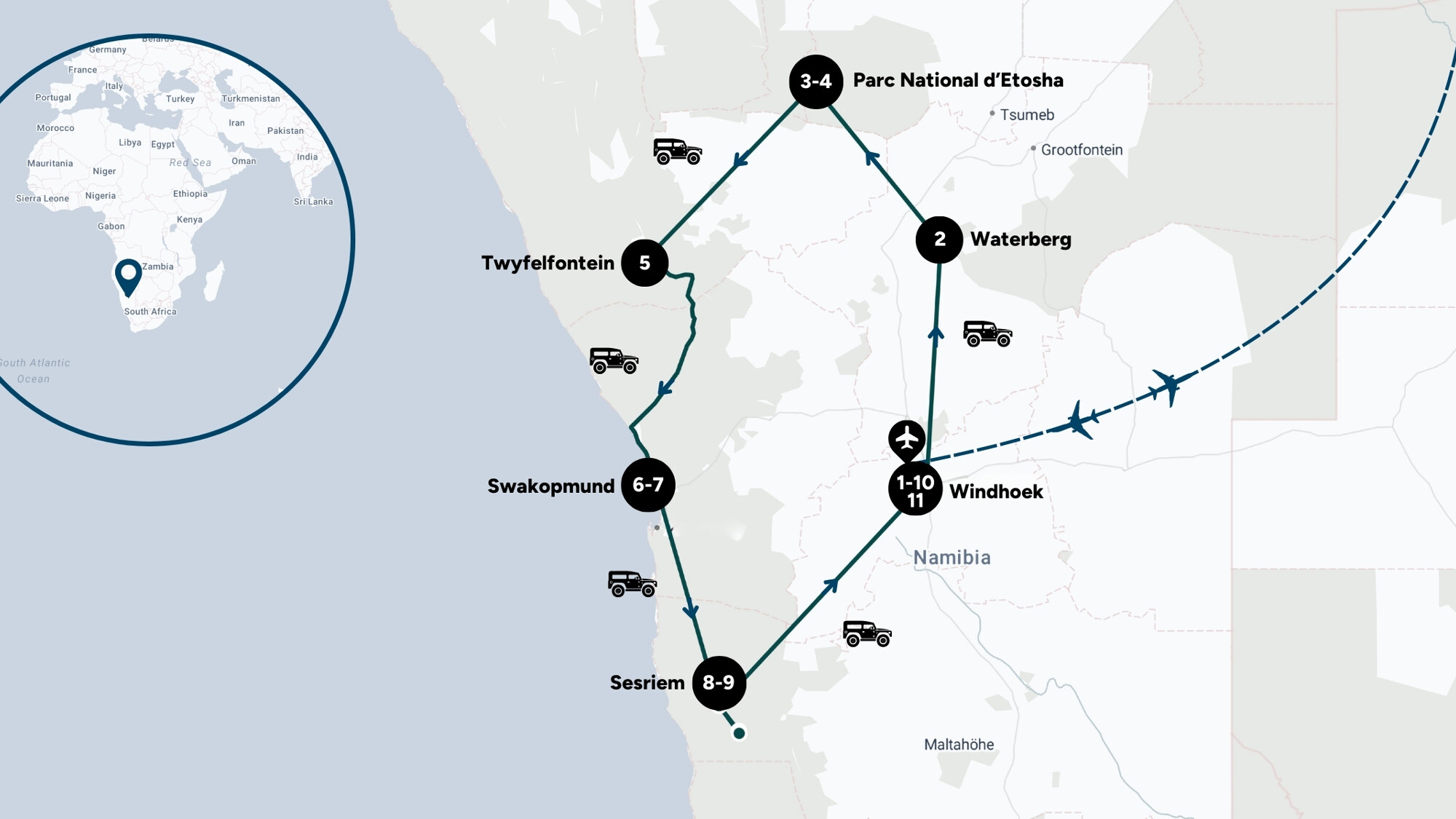 Itinéraire de ton road trip en Namibie