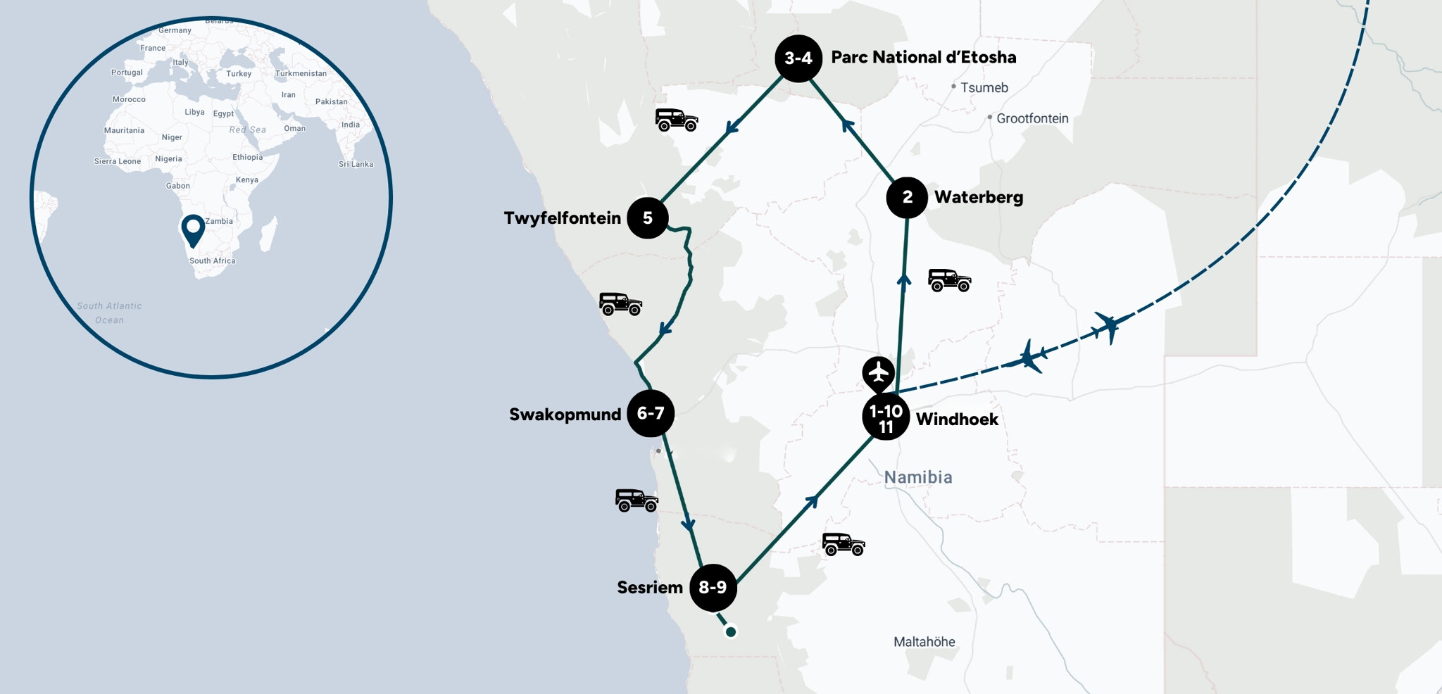 Itinéraire de ton road trip en Namibie
