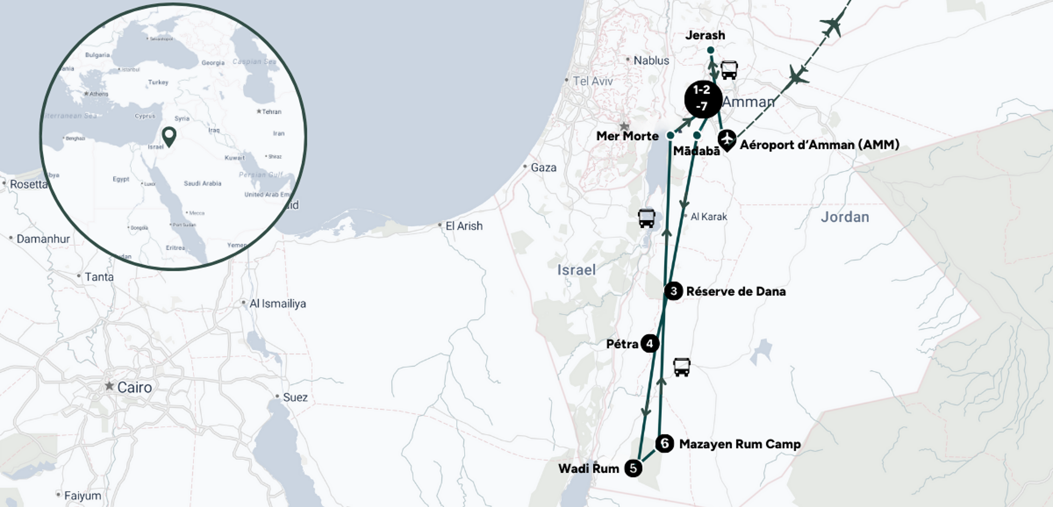 L'itinéraire du séjour en Jordanie