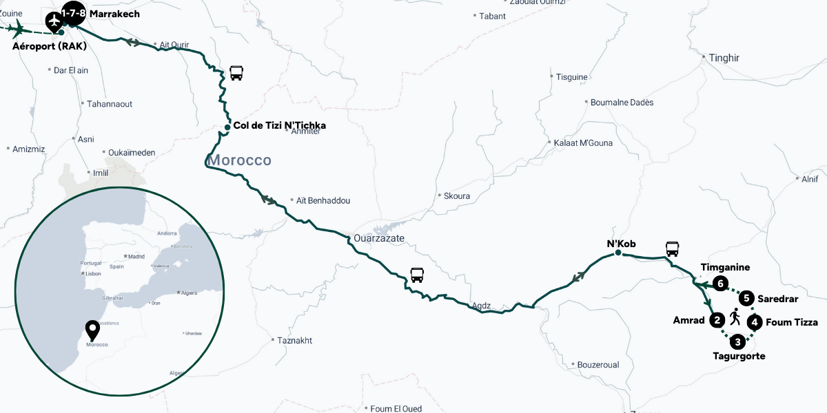 L'itinéraire de votre trek dans le désert marocain
